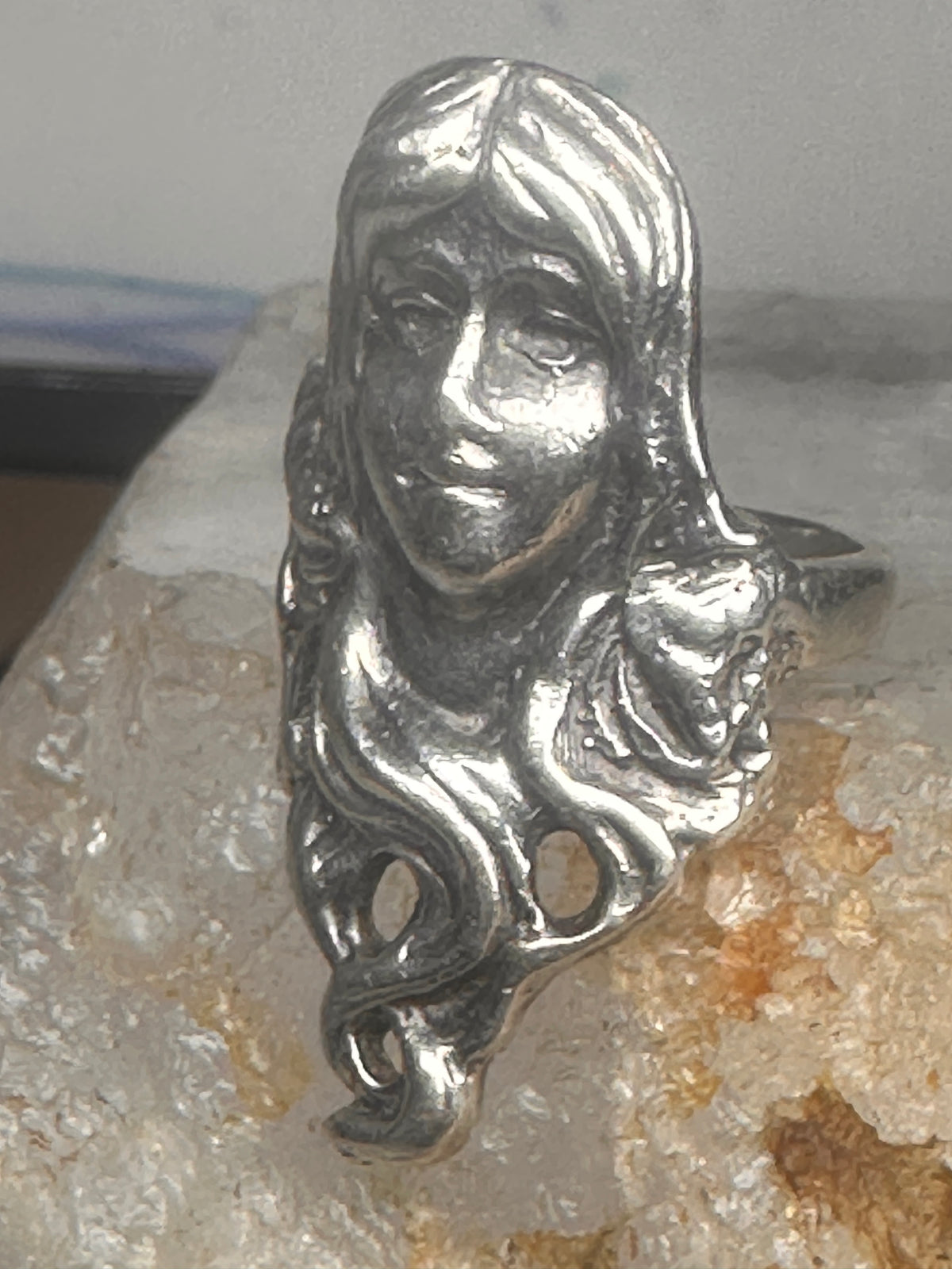 Vintage Sterling Silver Flowing Hair Art Nouveau Lady Face Ring Size 6.75 11.9g 925