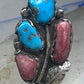 Long Navajo Turquoise Coral Ring Turquoise Band size 5.75 sterling silver women signed Pennetawa