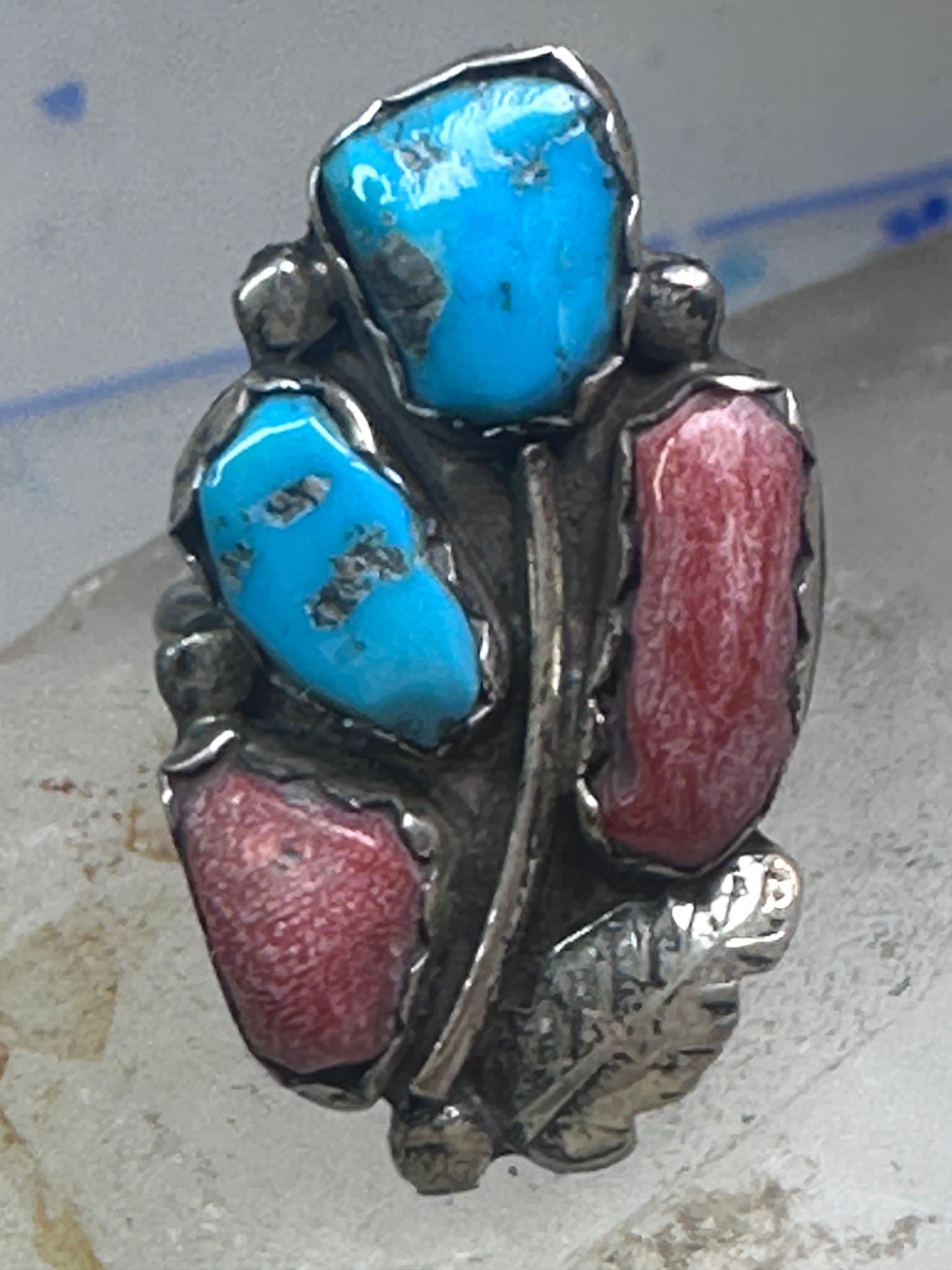 Long Navajo Turquoise Coral Ring Turquoise Band size 5.75 sterling silver women signed Pennetawa