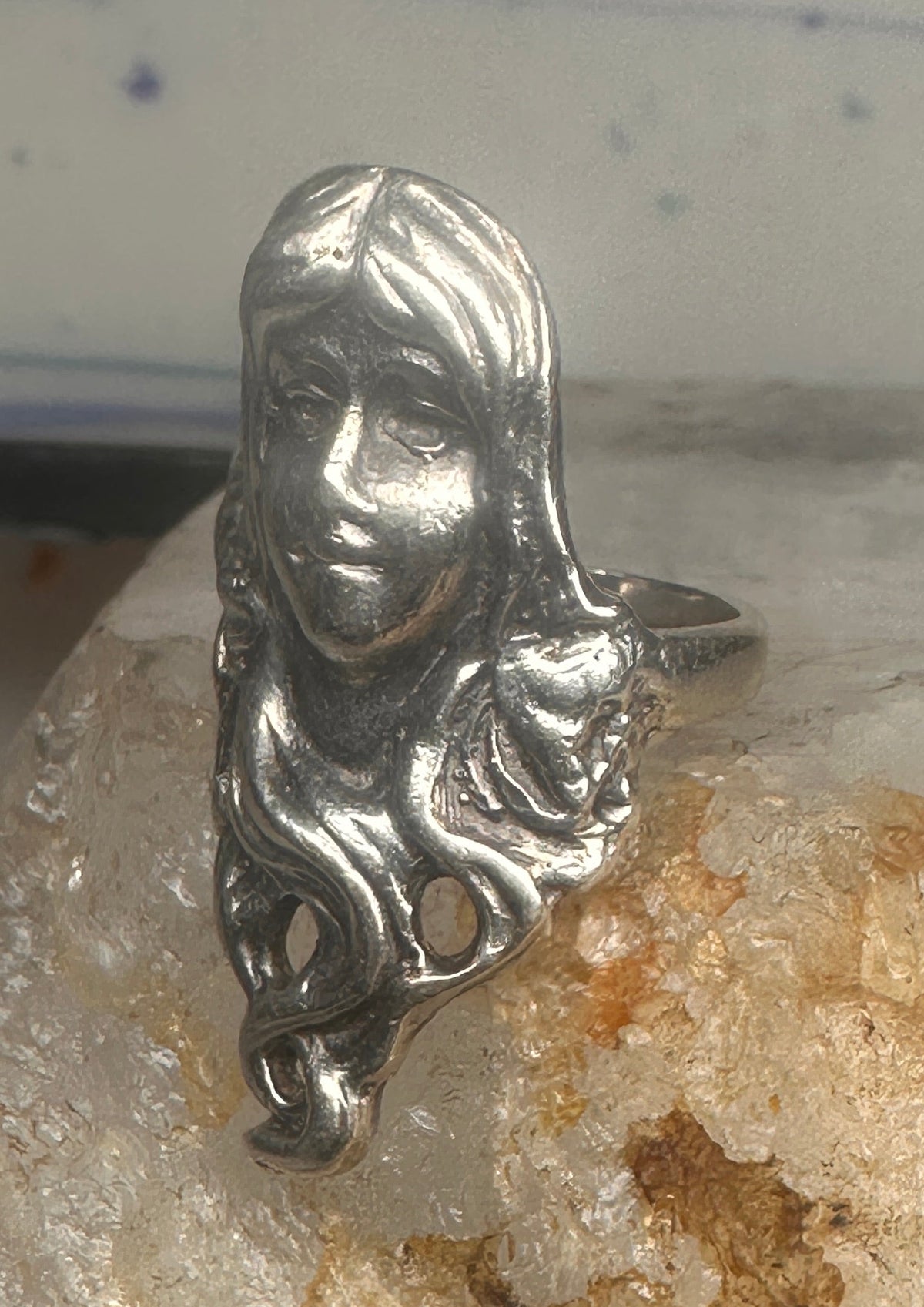 Vintage Sterling Silver Flowing Hair Art Nouveau Lady Face Ring Size 6.75 11.9g 925