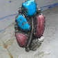 Long Navajo Turquoise Coral Ring Turquoise Band size 5.75 sterling silver women signed Pennetawa