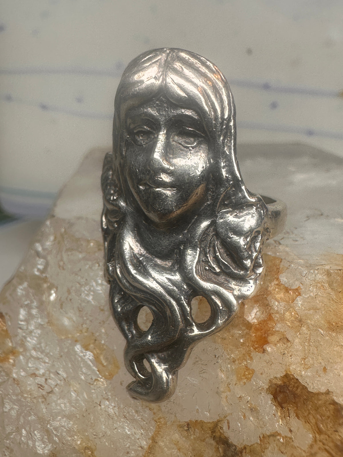 Vintage Sterling Silver Flowing Hair Art Nouveau Lady Face Ring Size 6.75 11.9g 925