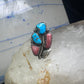 Long Navajo Turquoise Coral Ring Turquoise Band size 5.75 sterling silver women signed Pennetawa