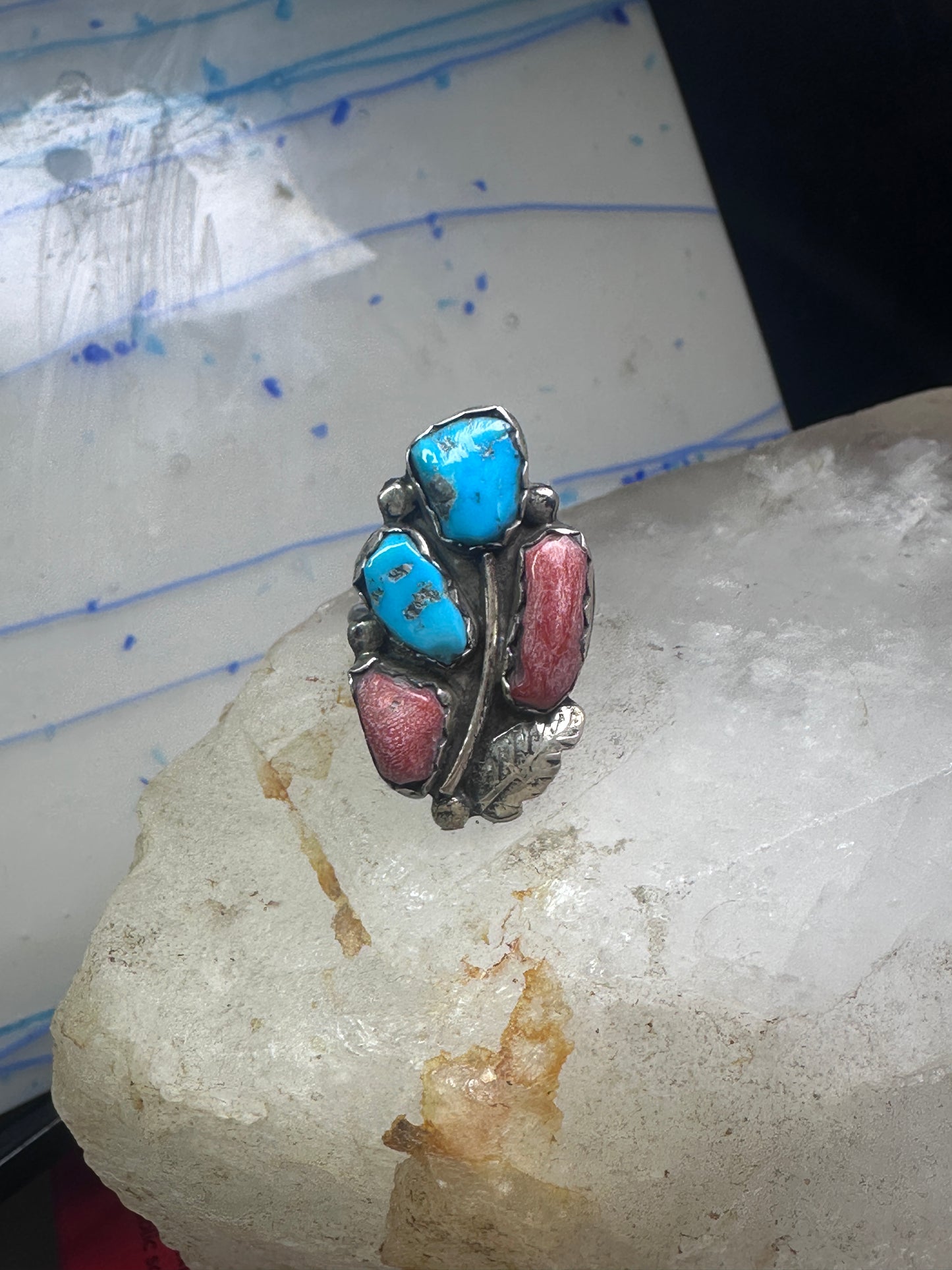 Long Navajo Turquoise Coral Ring Turquoise Band size 5.75 sterling silver women signed Pennetawa
