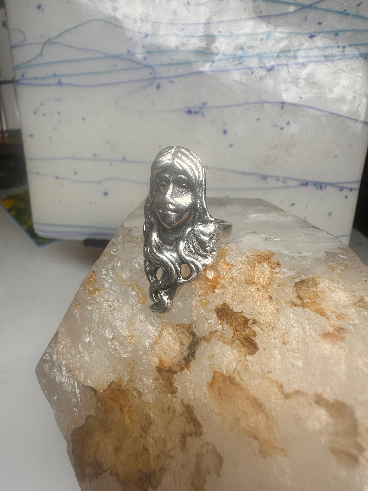 Vintage Sterling Silver Flowing Hair Art Nouveau Lady Face Ring Size 6.75 11.9g 925