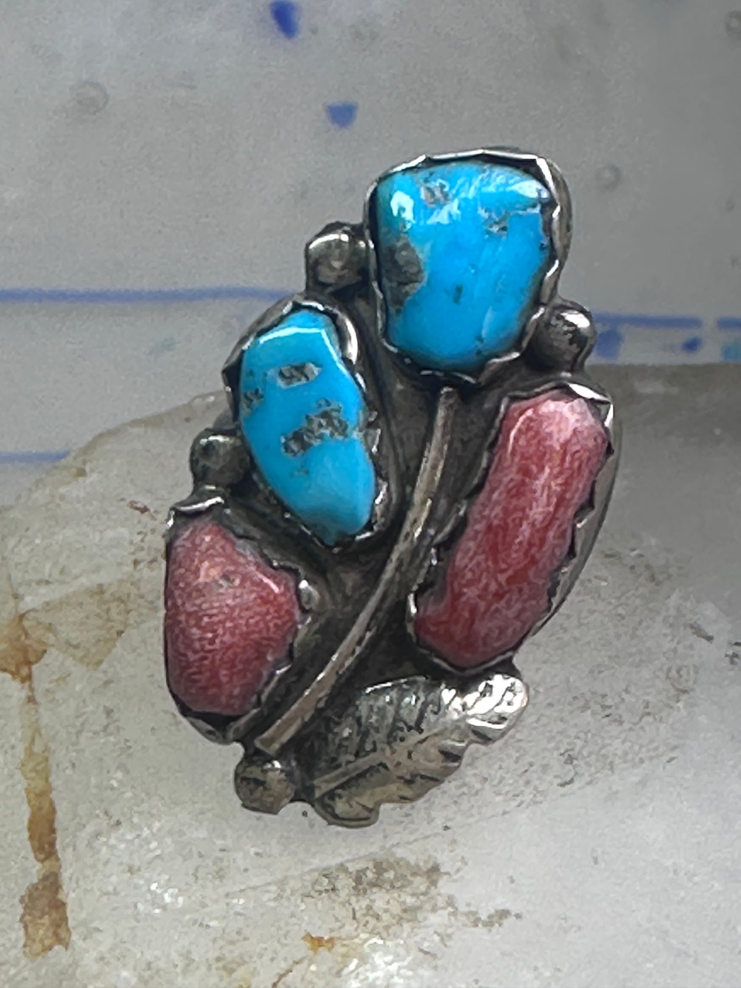 Long Navajo Turquoise Coral Ring Turquoise Band size 5.75 sterling silver women signed Pennetawa