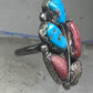 Long Navajo Turquoise Coral Ring Turquoise Band size 5.75 sterling silver women signed Pennetawa