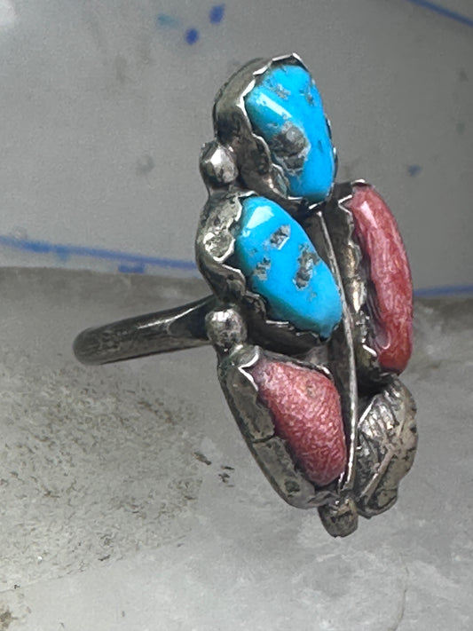 Long Navajo Turquoise Coral Ring Turquoise Band size 5.75 sterling silver women signed Pennetawa