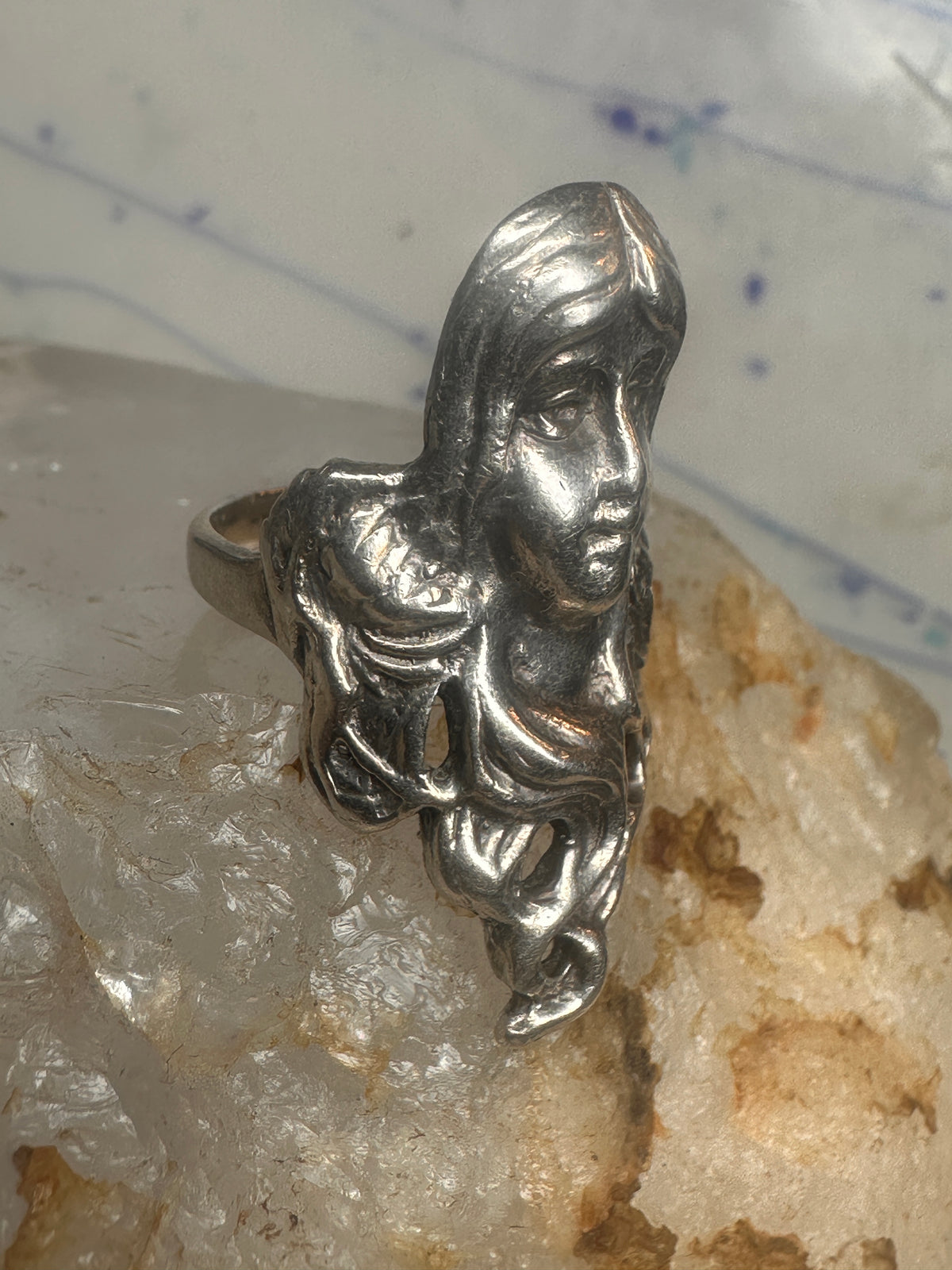 Vintage Sterling Silver Flowing Hair Art Nouveau Lady Face Ring Size 6.75 11.9g 925
