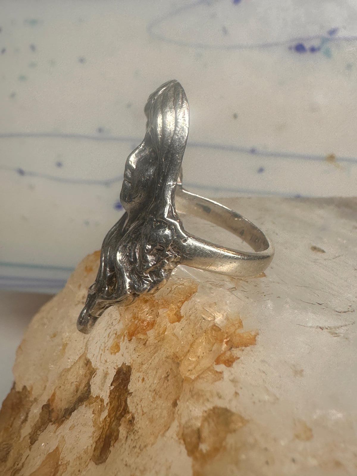 Vintage Sterling Silver Flowing Hair Art Nouveau Lady Face Ring Size 6.75 11.9g 925