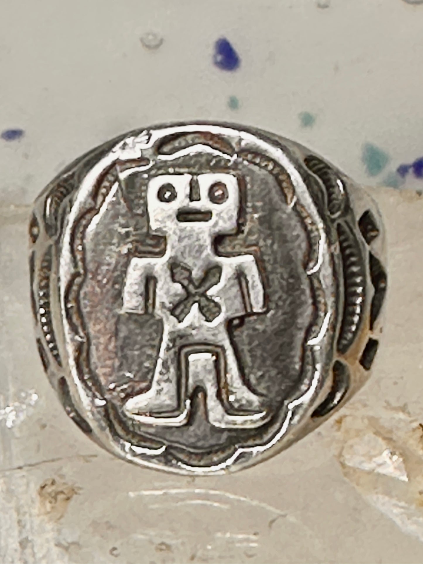 Mudman ring Navajo crossed arrows figurative Kachina size 9 sterling silver women men