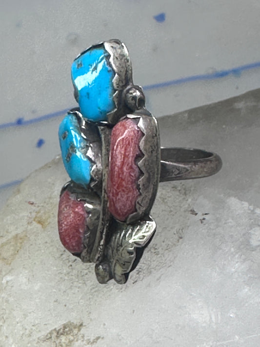 Long Navajo Turquoise Coral Ring Turquoise Band size 5.75 sterling silver women signed Pennetawa