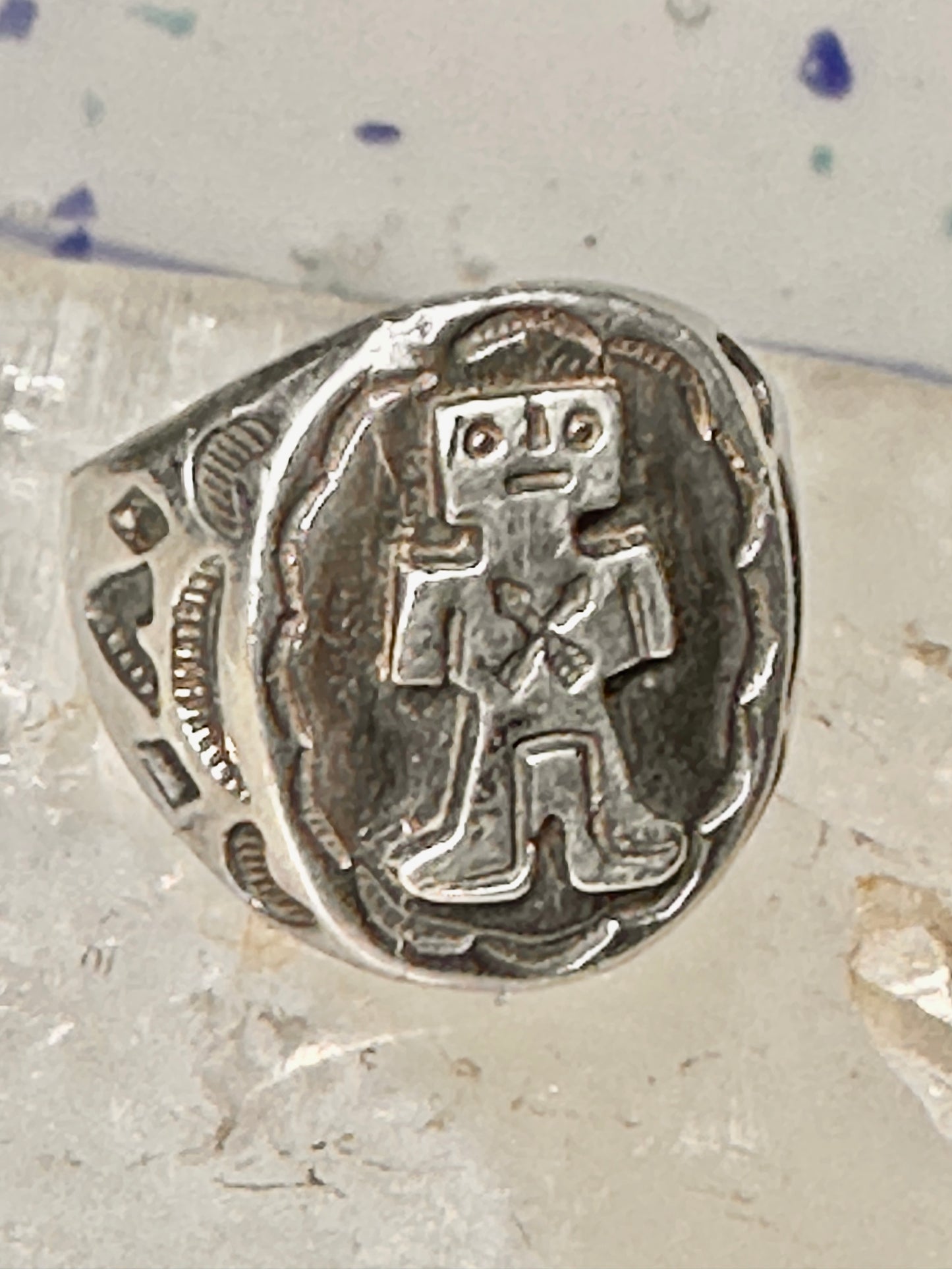 Mudman ring Navajo crossed arrows figurative Kachina size 9 sterling silver women men