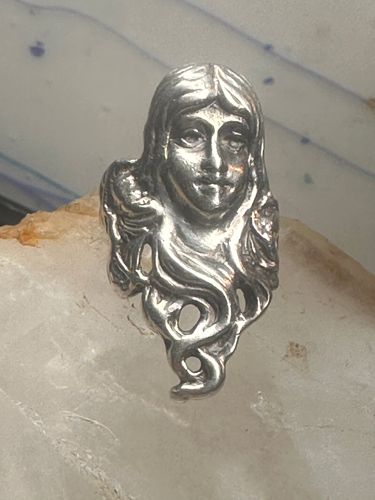 Vintage Sterling Silver Flowing Hair Art Nouveau Lady Face Ring Size 6.75 11.9g 925