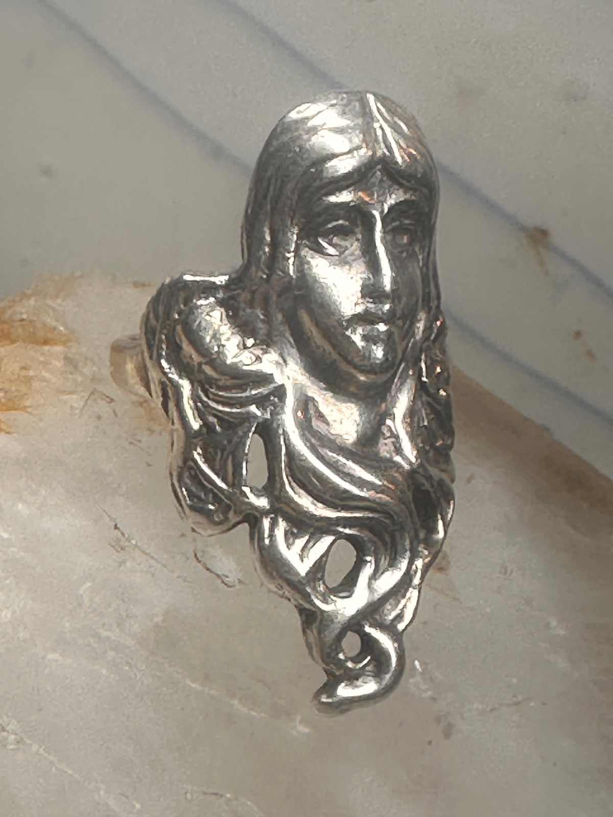 Vintage Sterling Silver Flowing Hair Art Nouveau Lady Face Ring Size 6.75 11.9g 925