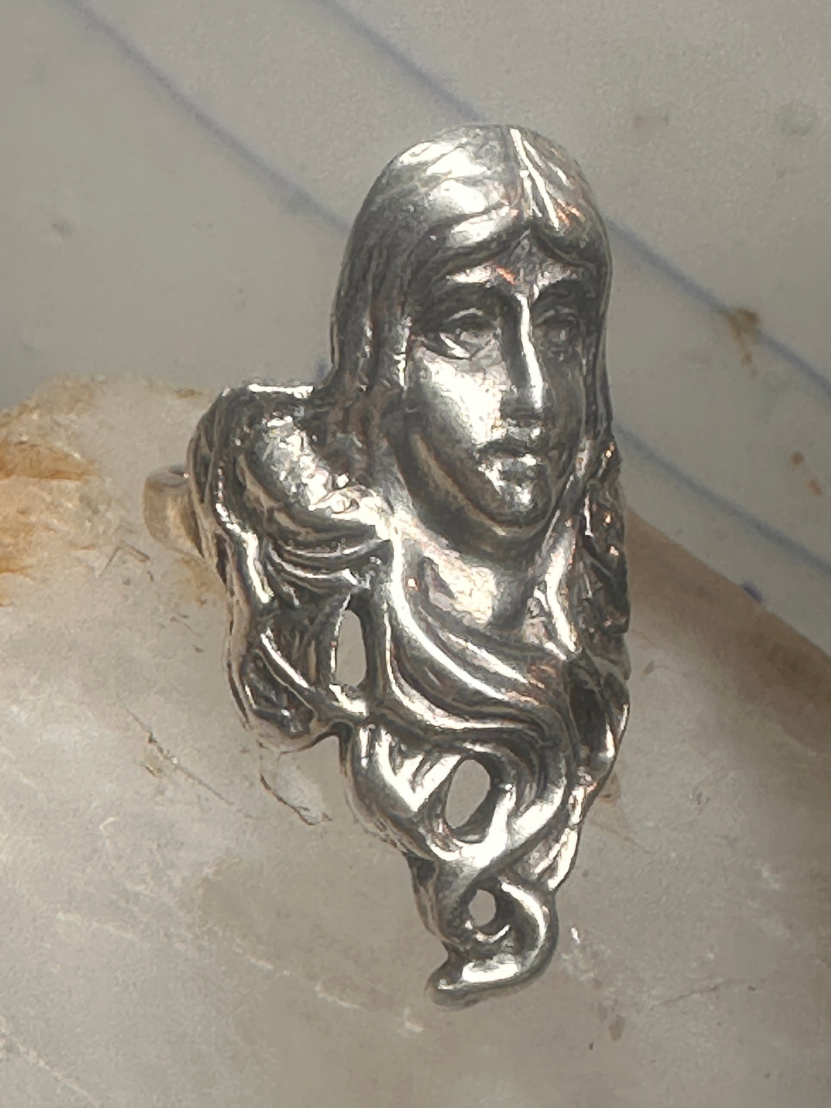 Vintage Sterling Silver Flowing Hair Art Nouveau Lady Face Ring Size 6.75 11.9g 925