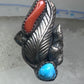 Long Navajo Turquoise Coral Ring leaf feather Band size 6 sterling silver women girls