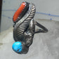 Long Navajo Turquoise Coral Ring leaf feather Band size 6 sterling silver women girls