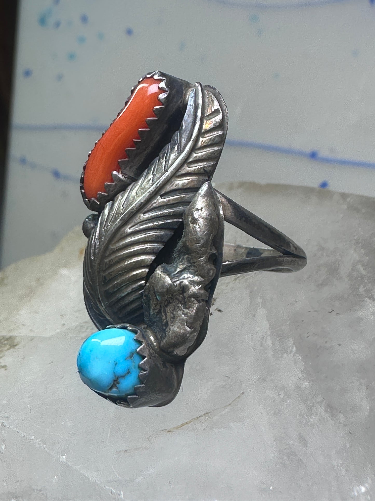 Long Navajo Turquoise Coral Ring leaf feather Band size 6 sterling silver women girls