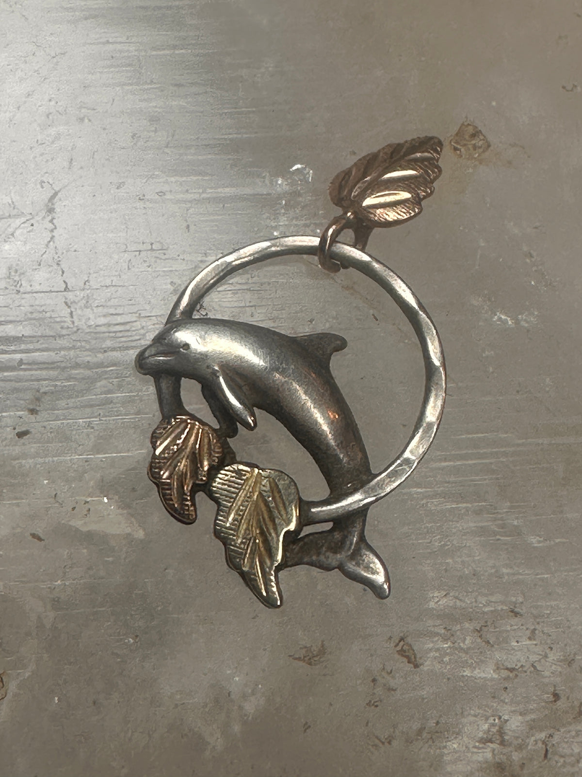 Vintage Black Hills Gold Sterling Silver 12K Tri Color Dolphin Hoop Pendant 925