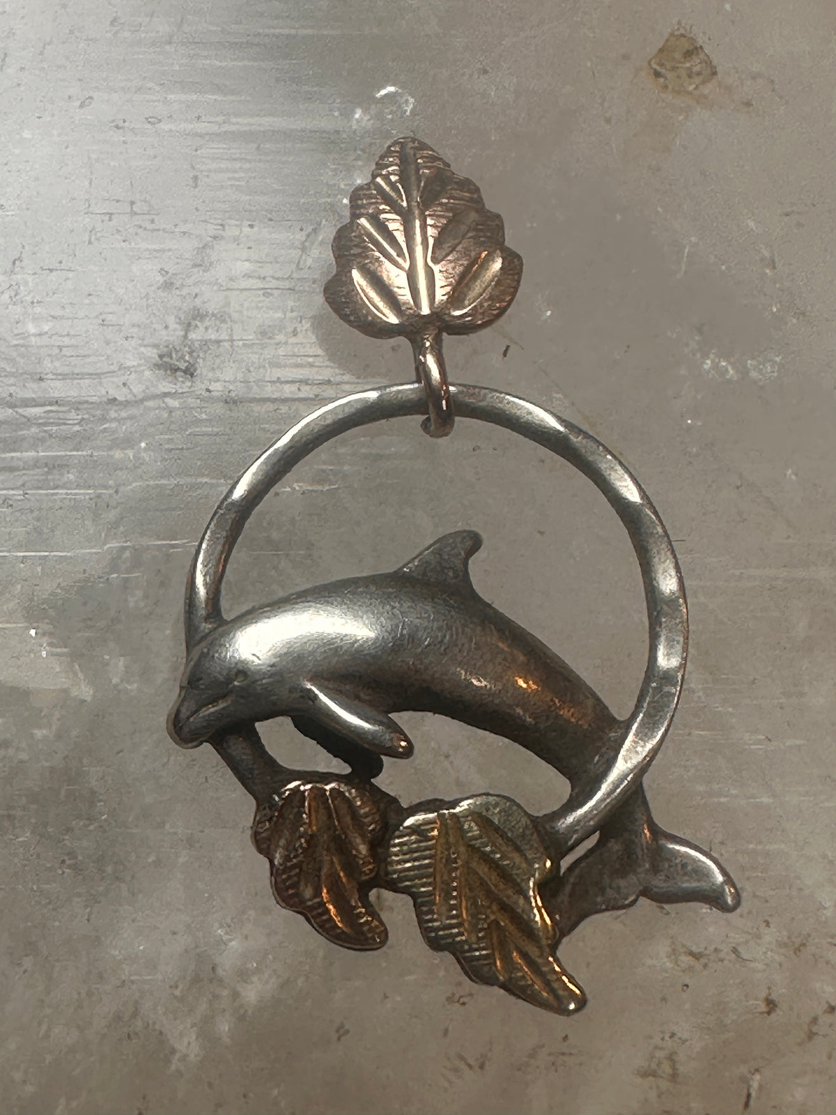 Vintage Black Hills Gold Sterling Silver 12K Tri Color Dolphin Hoop Pendant 925