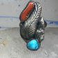 Long Navajo Turquoise Coral Ring leaf feather Band size 6 sterling silver women girls