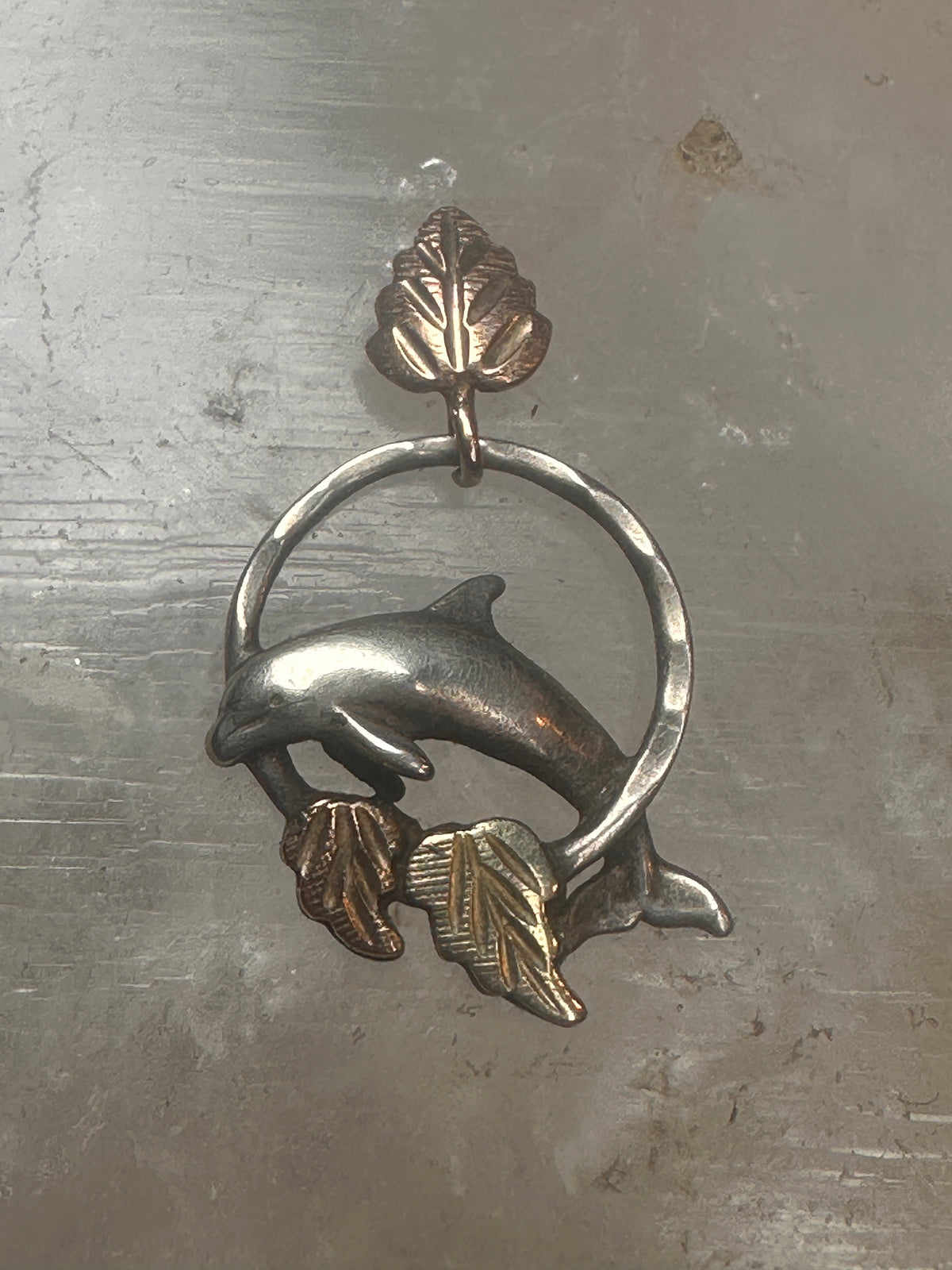 Vintage Black Hills Gold Sterling Silver 12K Tri Color Dolphin Hoop Pendant 925