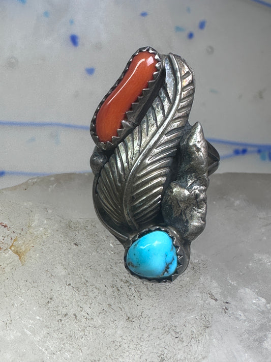 Long Navajo Turquoise Coral Ring leaf feather Band size 6 sterling silver women girls