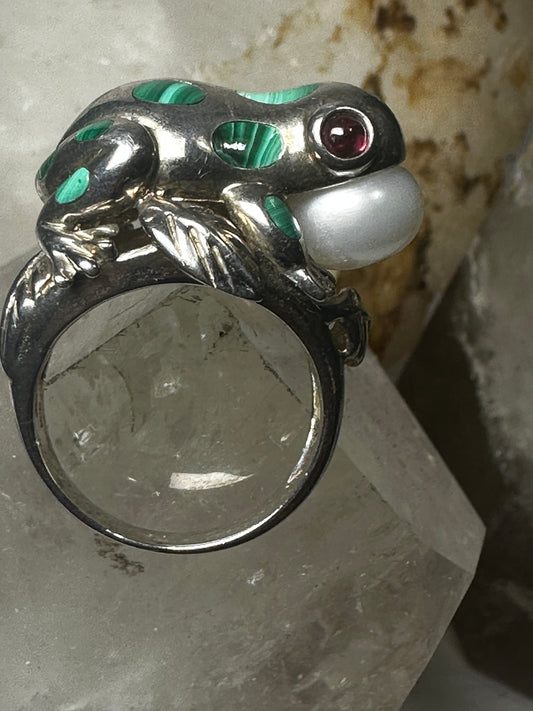 Frog ring Malachite size 10 leaves sterling silver women