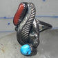 Long Navajo Turquoise Coral Ring leaf feather Band size 6 sterling silver women girls