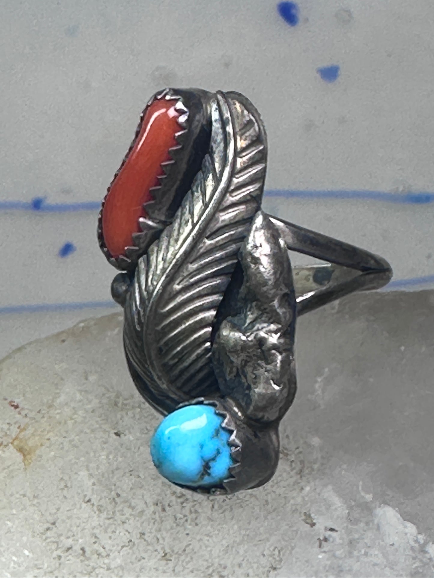 Long Navajo Turquoise Coral Ring leaf feather Band size 6 sterling silver women girls