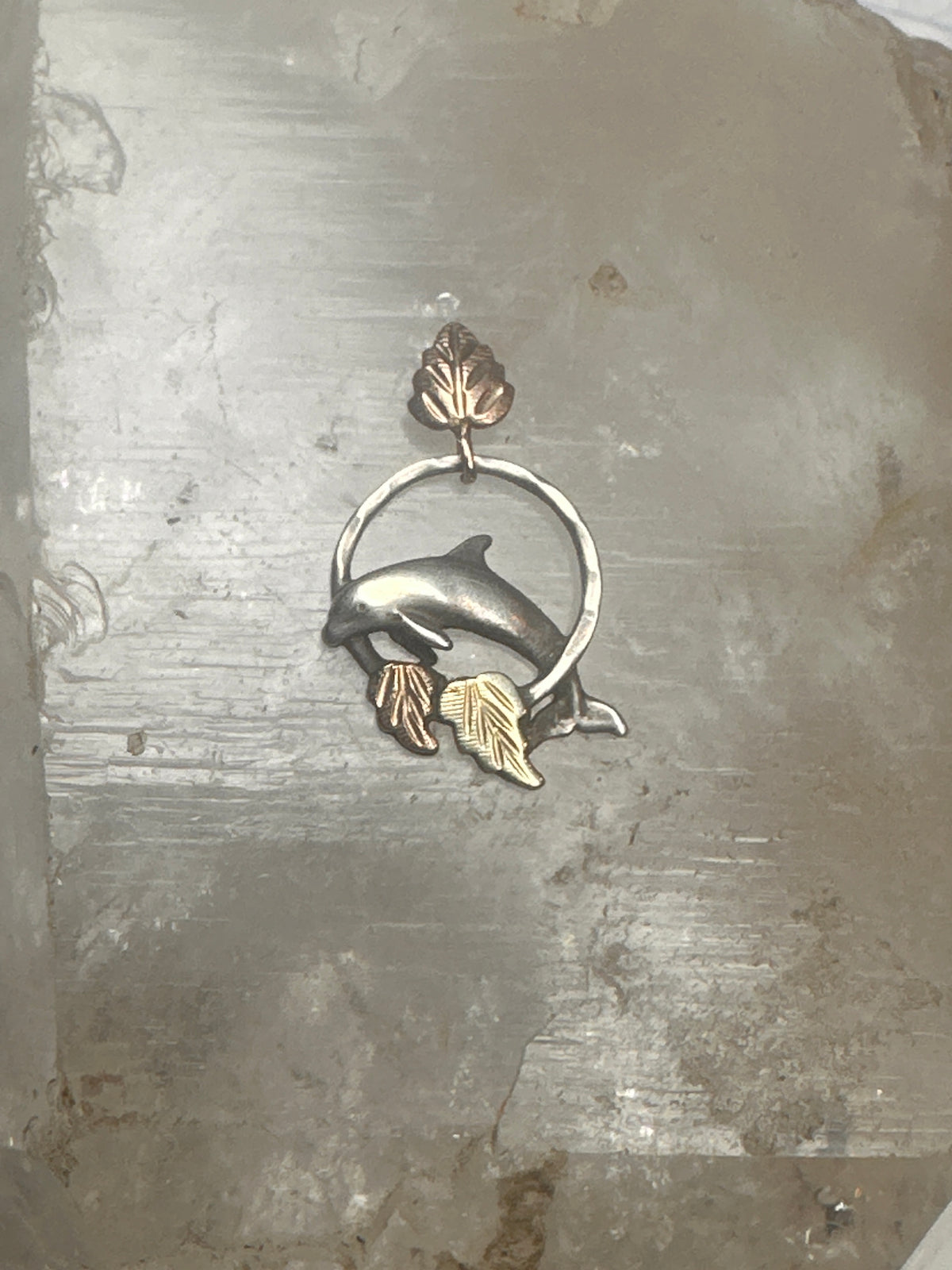 Vintage Black Hills Gold Sterling Silver 12K Tri Color Dolphin Hoop Pendant 925