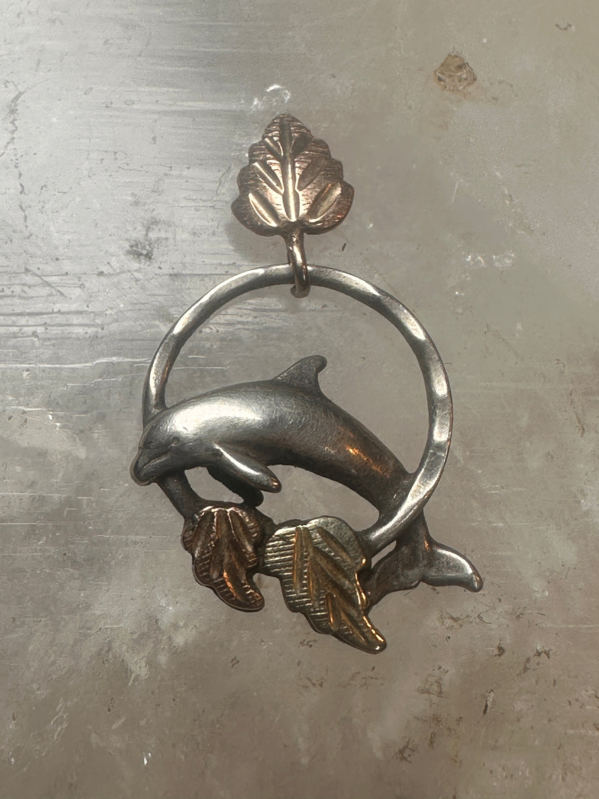 Vintage Black Hills Gold Sterling Silver 12K Tri Color Dolphin Hoop Pendant 925