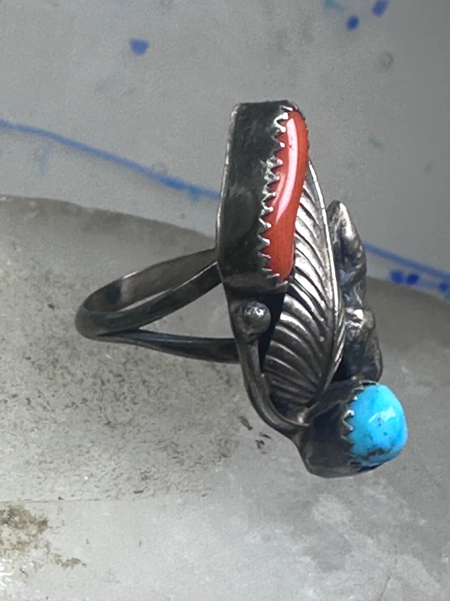 Long Navajo Turquoise Coral Ring leaf feather Band size 6 sterling silver women girls