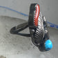 Long Navajo Turquoise Coral Ring leaf feather Band size 6 sterling silver women girls