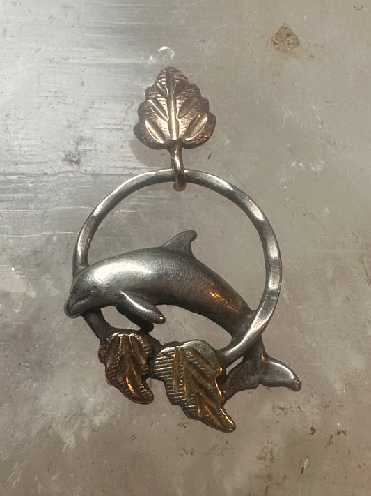Vintage Black Hills Gold Sterling Silver 12K Tri Color Dolphin Hoop Pendant 925