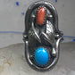 Long Navajo Turquoise Coral Saddle Ring Knuckle leaves feathers band size 7.7 sterling silver women girl