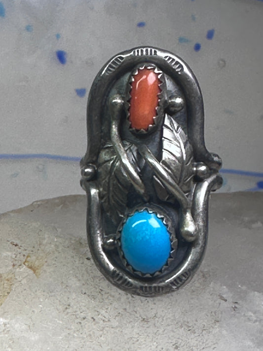 Long Navajo Turquoise Coral Saddle Ring Knuckle leaves feathers band size 7.7 sterling silver women girl