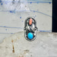Long Navajo Turquoise Coral Saddle Ring Knuckle leaves feathers band size 7.7 sterling silver women girl
