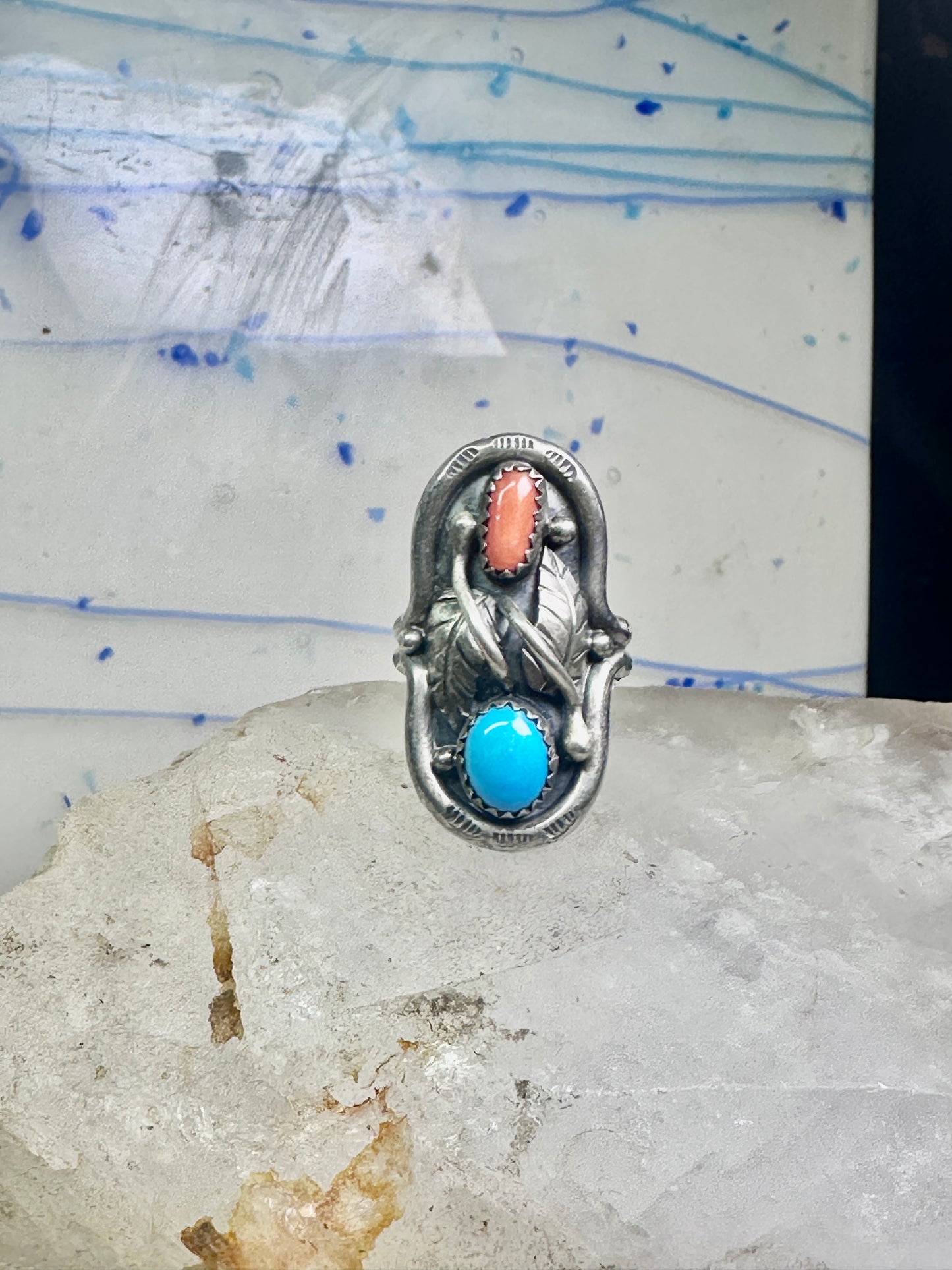 Long Navajo Turquoise Coral Saddle Ring Knuckle leaves feathers band size 7.7 sterling silver women girl