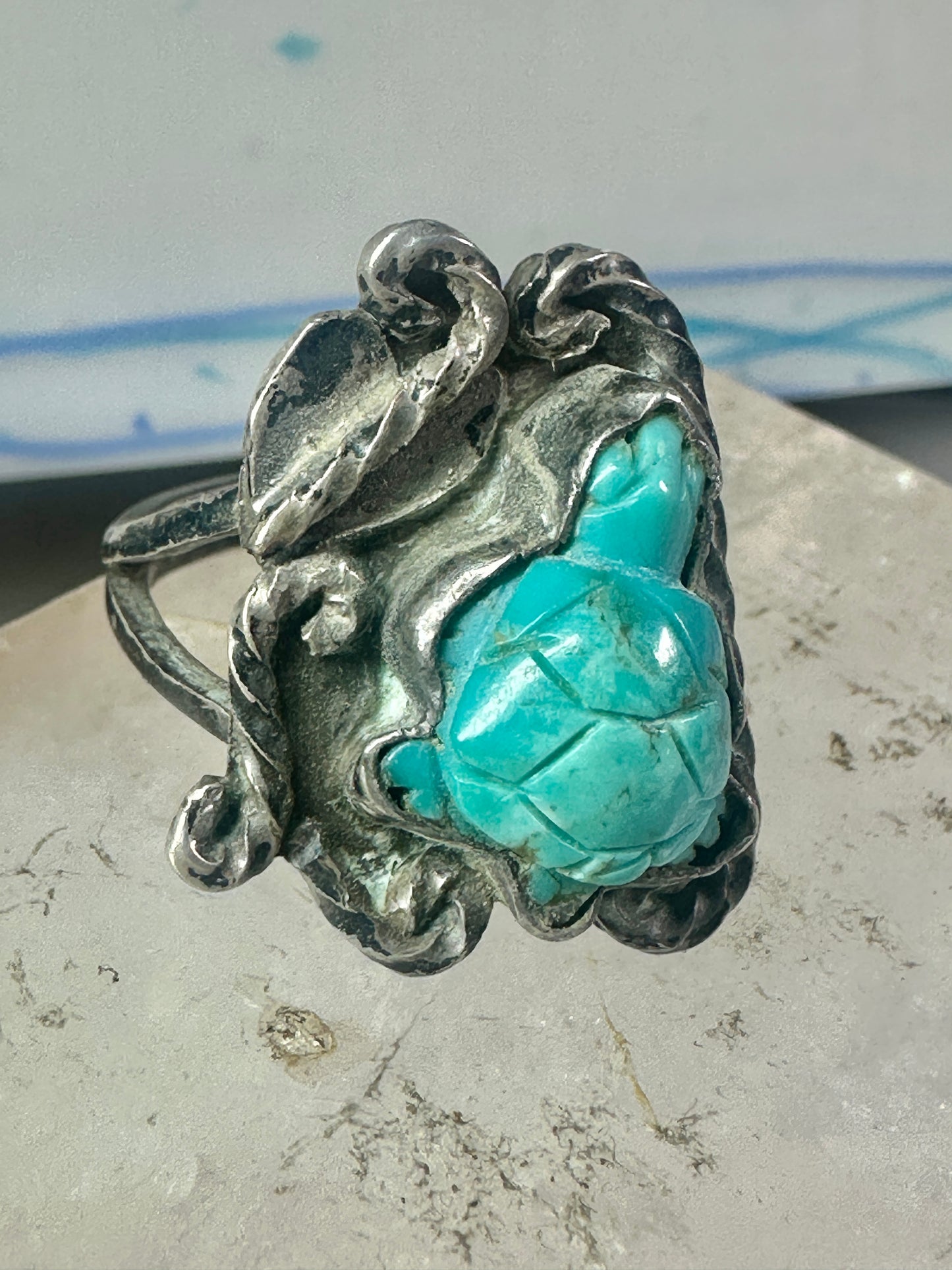 OLD Vintage Carved Turtle ring Navajo turquoise size 9.75 sterling silver women girls