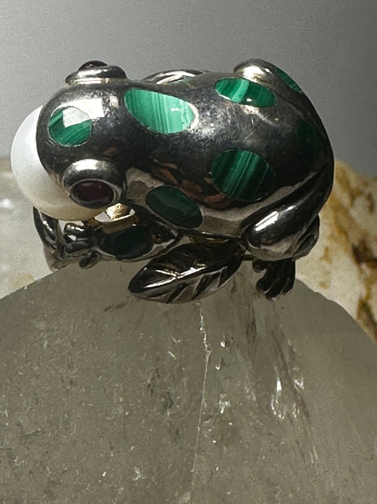 Frog ring Malachite size 10 leaves sterling silver women