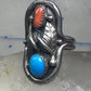 Long Navajo Turquoise Coral Saddle Ring Knuckle leaves feathers band size 7.7 sterling silver women girl