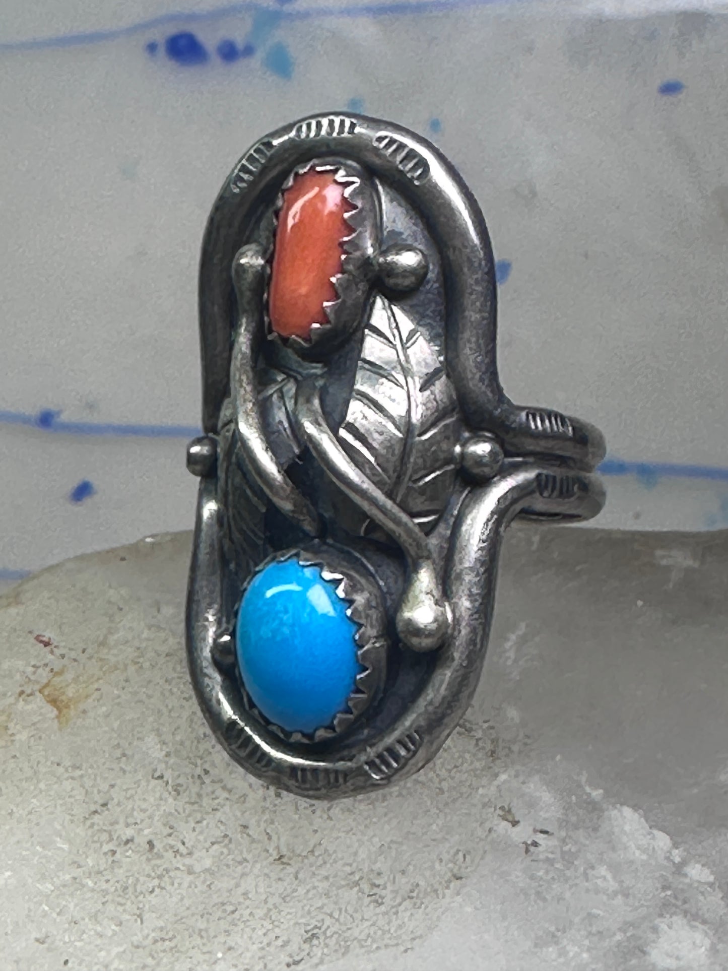 Long Navajo Turquoise Coral Saddle Ring Knuckle leaves feathers band size 7.7 sterling silver women girl