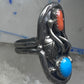 Long Navajo Turquoise Coral Saddle Ring Knuckle leaves feathers band size 7.7 sterling silver women girl
