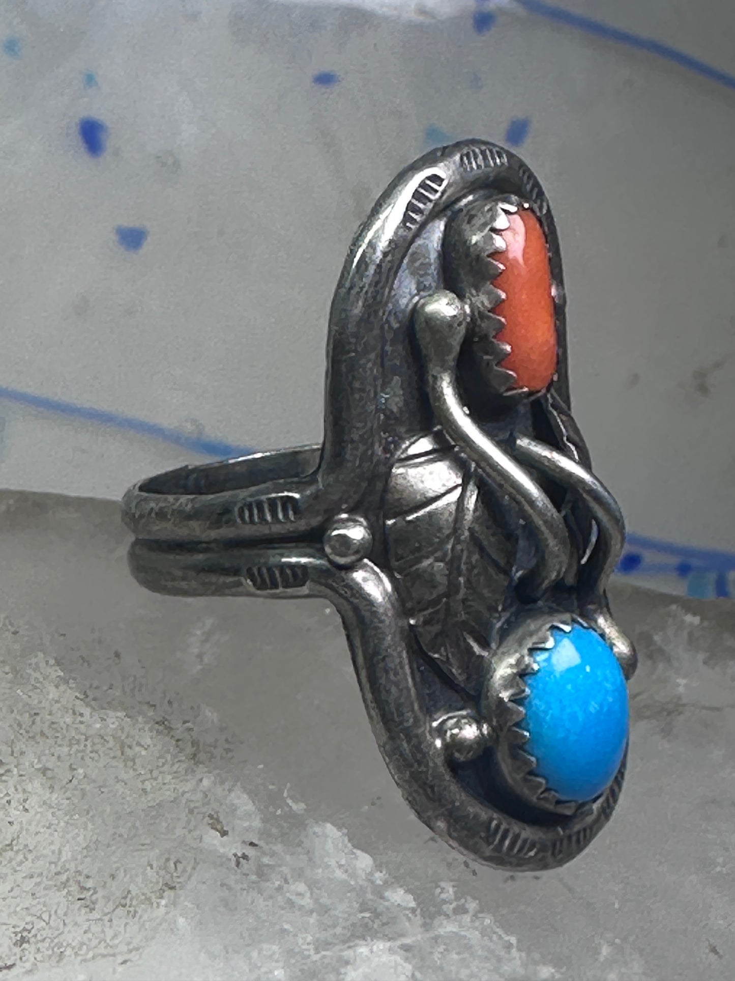 Long Navajo Turquoise Coral Saddle Ring Knuckle leaves feathers band size 7.7 sterling silver women girl