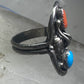 Long Navajo Turquoise Coral Saddle Ring Knuckle leaves feathers band size 7.7 sterling silver women girl