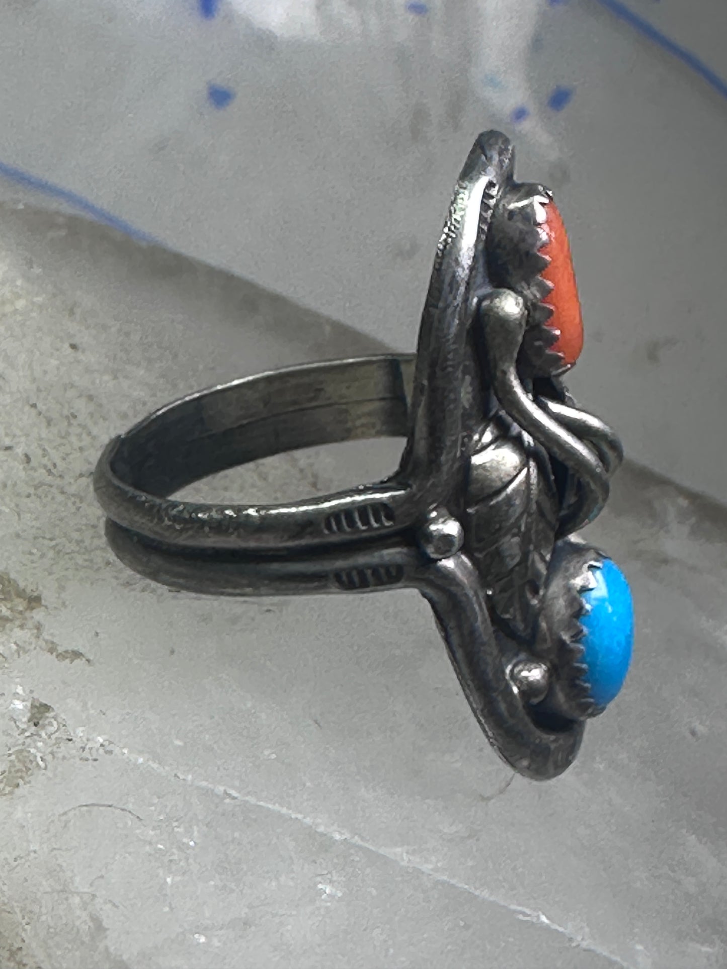 Long Navajo Turquoise Coral Saddle Ring Knuckle leaves feathers band size 7.7 sterling silver women girl