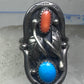 Long Navajo Turquoise Coral Saddle Ring Knuckle leaves feathers band size 7.7 sterling silver women girl