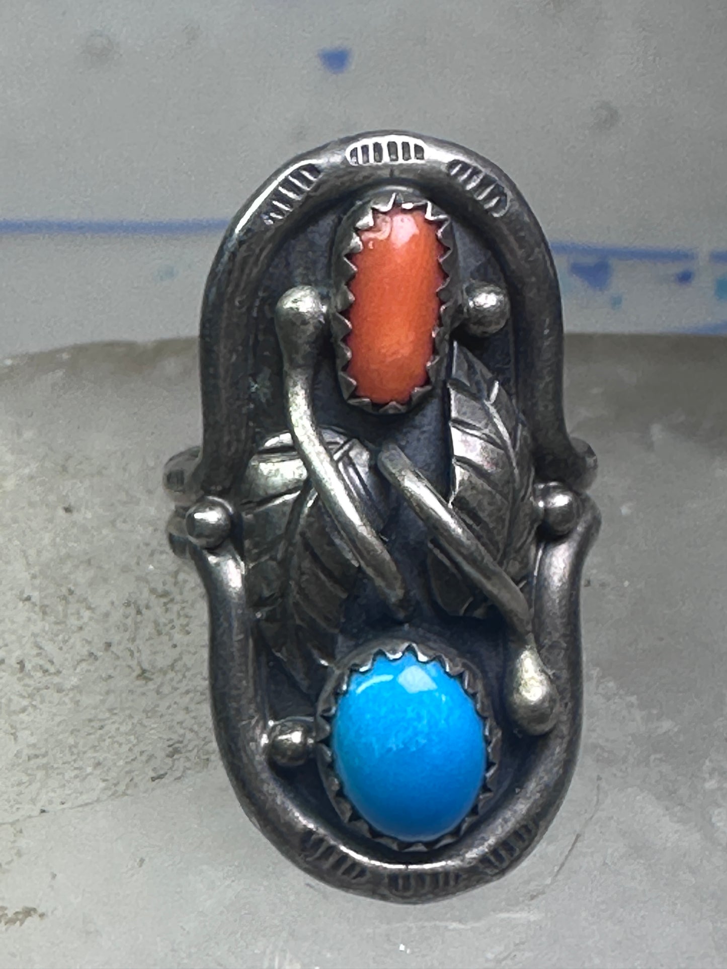 Long Navajo Turquoise Coral Saddle Ring Knuckle leaves feathers band size 7.7 sterling silver women girl